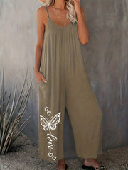 Casual Romper Women's Plus Solid Butterfly & Heart Print Cami Jumpsuit