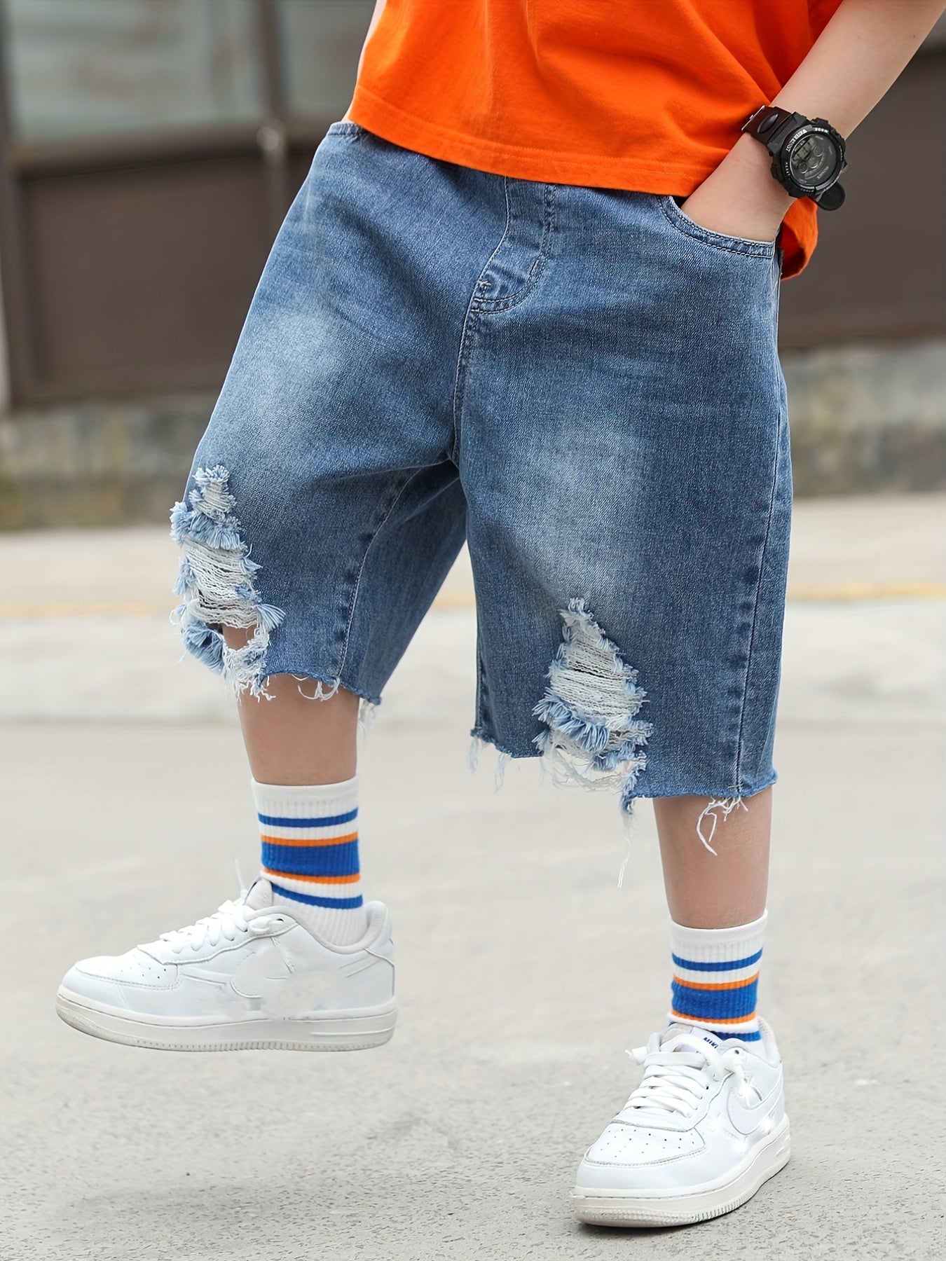 Boys' Ripped Denim Shorts Elastic Waist Cotton Shorts