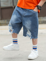 Boys' Ripped Denim Shorts Elastic Waist Cotton Shorts