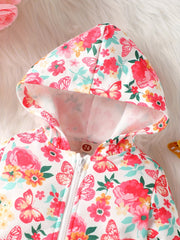 Flower & Butterfly Print Hooded Jacket for Baby Girls