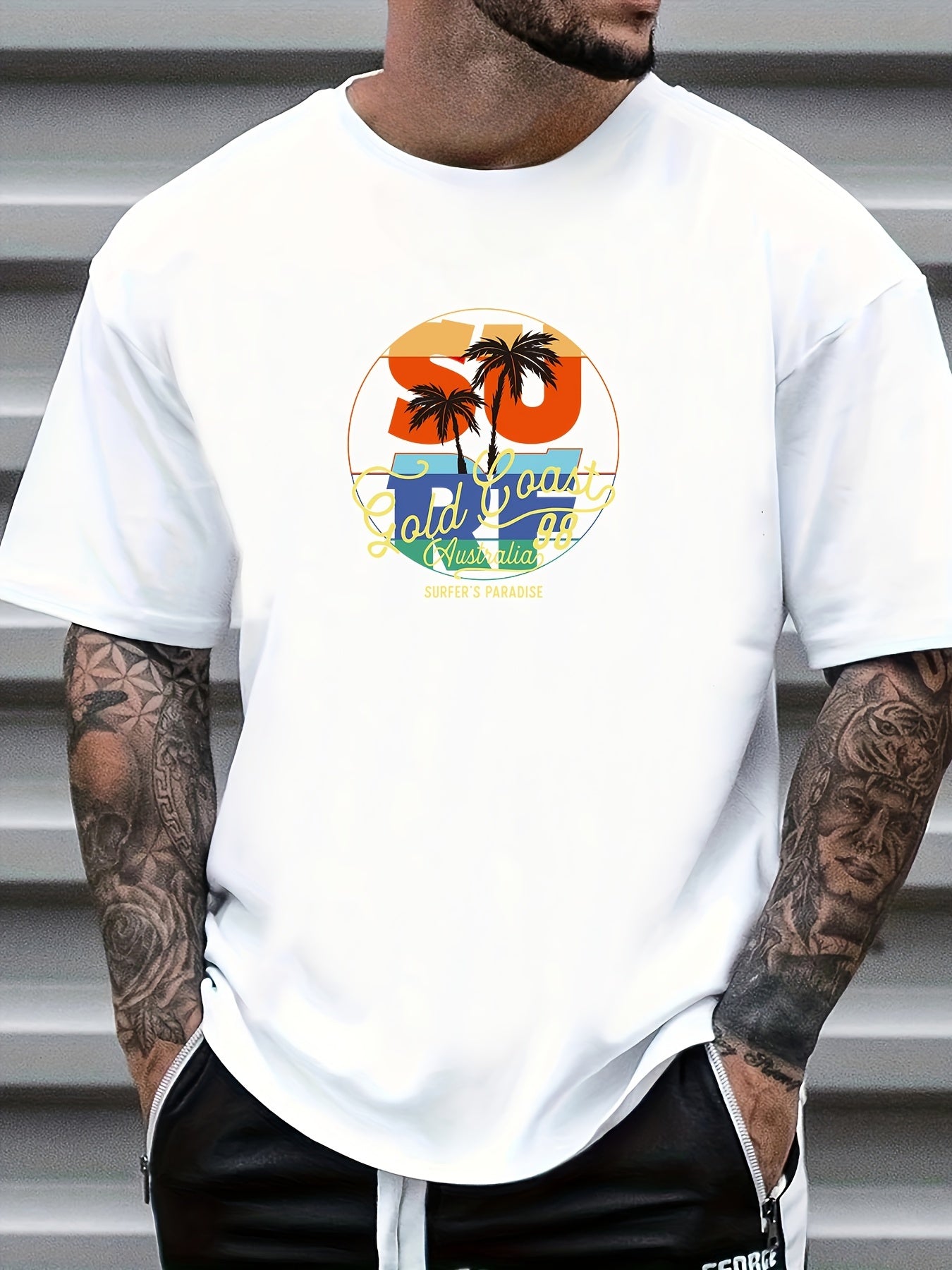 Coconut Tree Retro Number Print Men's Graphic Crew Neck T shirt