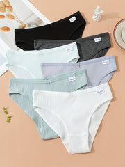 6pcs Ribbed Bikini Panties Comfy & Breathable Stretchy Intimates Panties