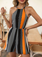 Geometric Print Halter Neck Romper Jumpsuit Casual Backless Jumpsuit