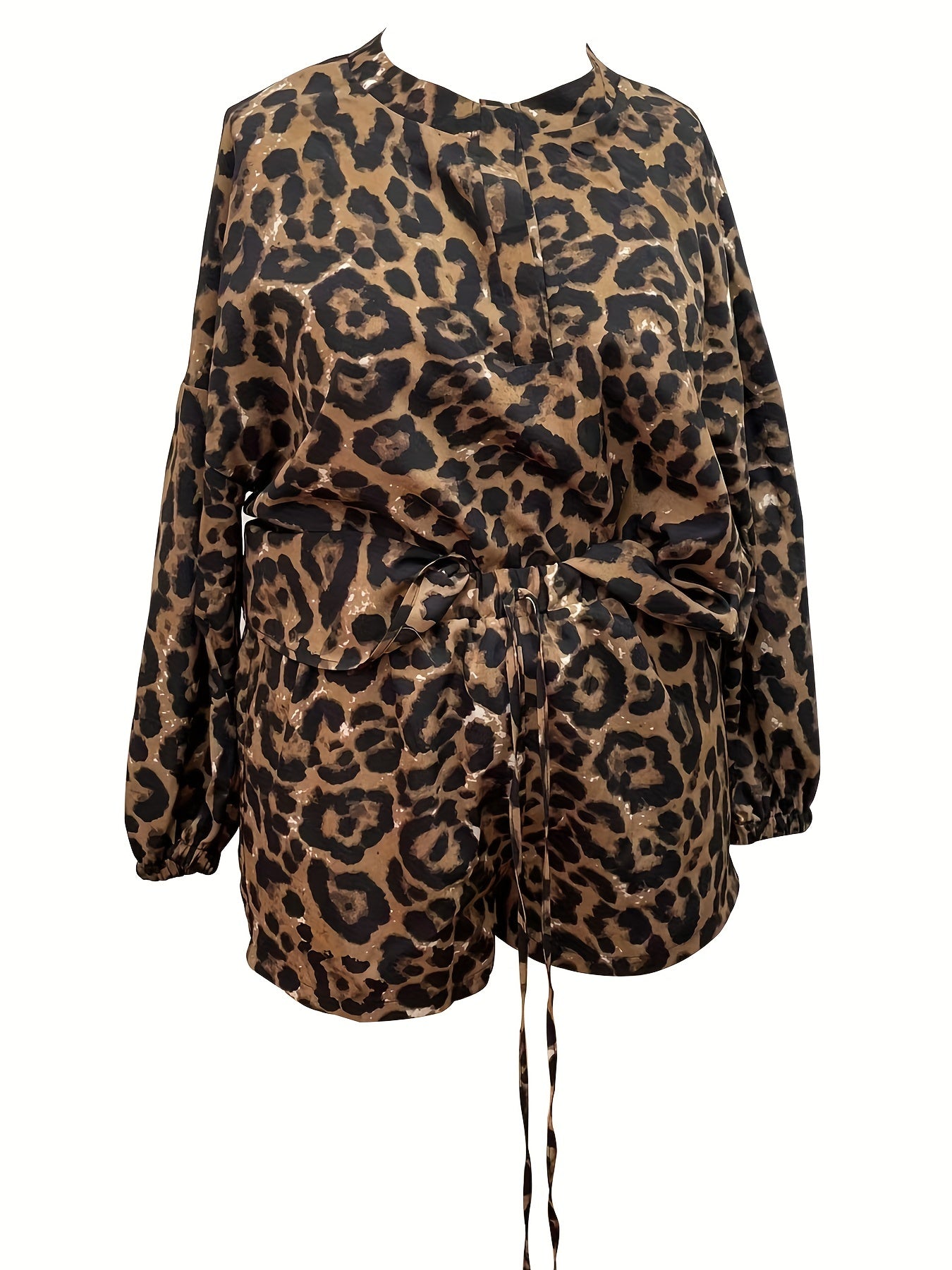 Leopard Print Lantern Sleeve Top & Shorts Set
