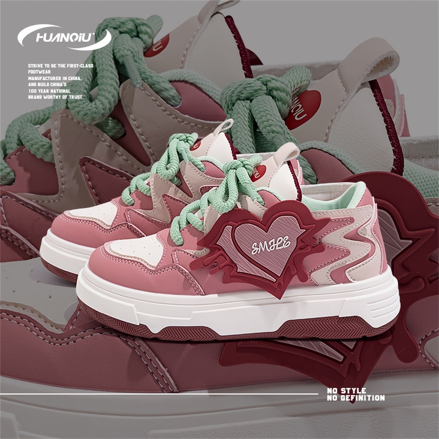 HUANQIU Women's Block Heart Lace-up Skate Shoes Lightweight Flatform Shoes