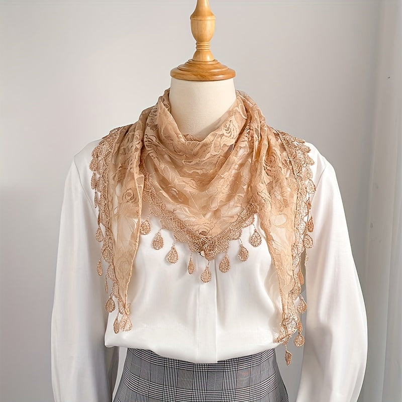 Apricot Hollow Out Triangle Towel Lace Fringed Shawl for Women