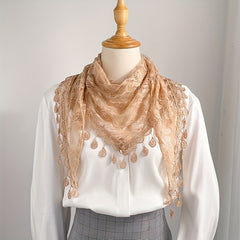 Apricot Hollow Out Triangle Towel Lace Fringed Shawl for Women
