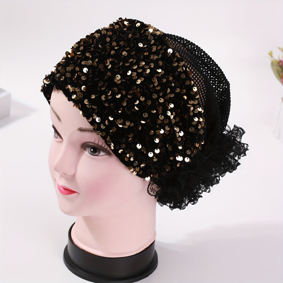 Golden Sequin Beanie Lace Flower Turban Cap Mesh Head Scarf Hijab Chemo Hats