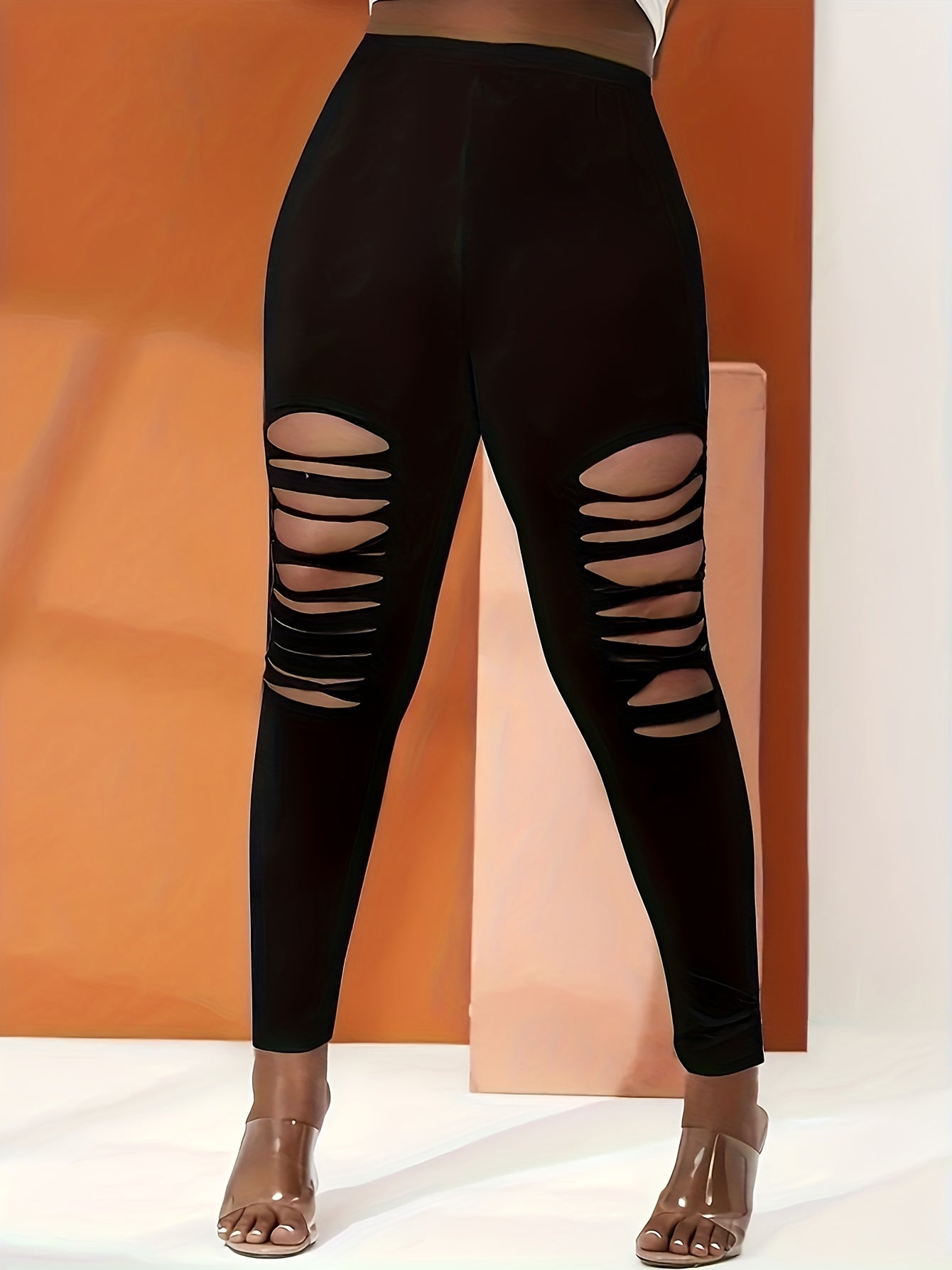 Sports Leggings Women's Plus Solid Ripped High Rise Medium Stretch