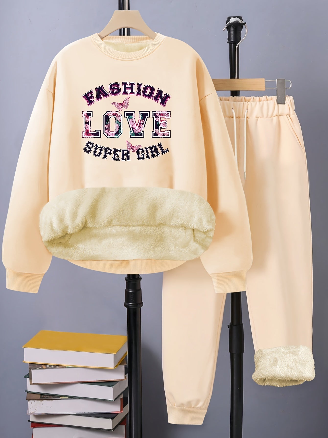 Women's Plus Letter Print Fleece Top & Pants Outfits Set