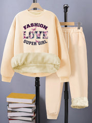Women's Plus Letter Print Fleece Top & Pants Outfits Set