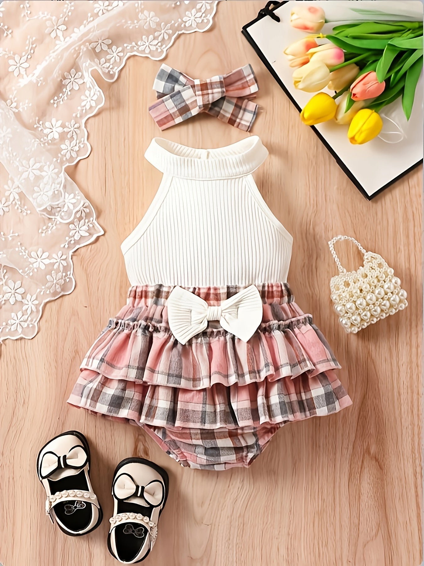 Baby's Stylish Suit Halter Top & Layered Plaid Skirt Set