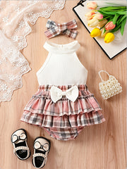 Baby's Stylish Suit Halter Top & Layered Plaid Skirt Set