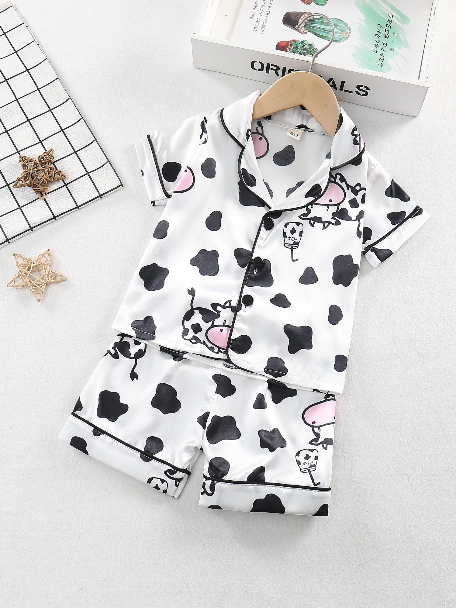 Toddler Girl's Cow Pajamas Set Cute Button Top & Shorts PJ Lounge Wear