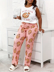 Letter & Pizza Print Tank Top & Pants Pajama Set