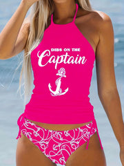 Letter & Chain Tankini Set Halter Drawstring Tie Side High Cut Swimsuit