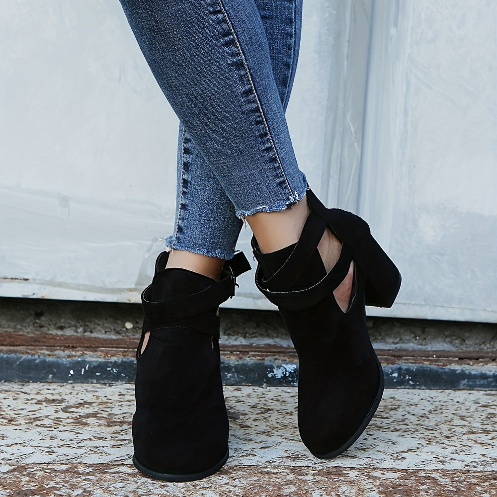 Women's Block Heel Ankle Boots Buckle Strap Zipper Shoes