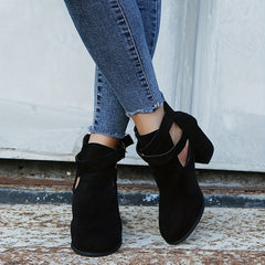 Women's Block Heel Ankle Boots Buckle Strap Zipper Shoes