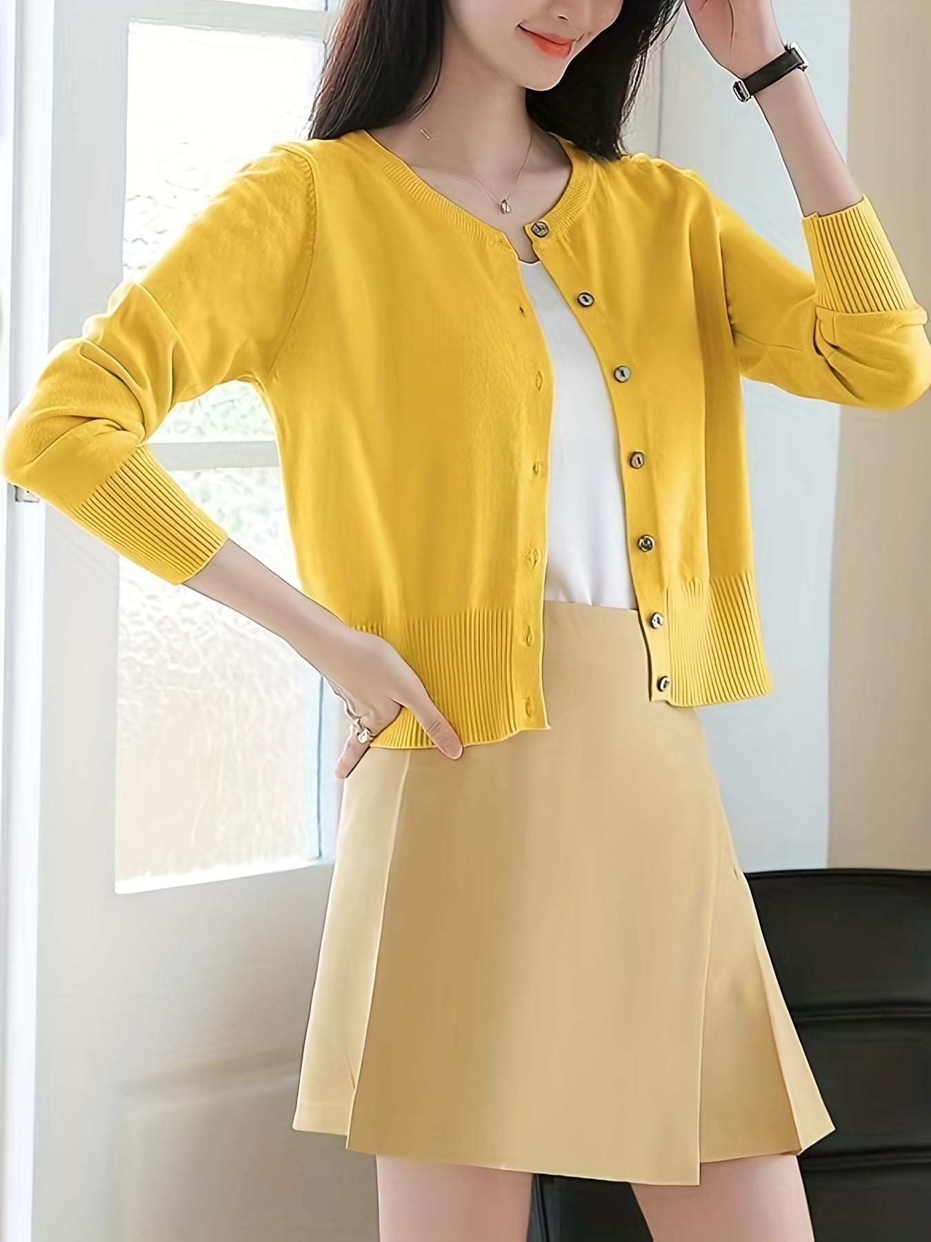 Button Front Solid Cardigan For Women