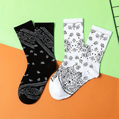 2 Pairs Men's Paisley Crew Socks - Comfy Casual Socks for Outdoor All Seasons