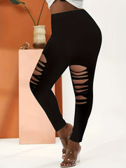 Sports Leggings Women's Plus Solid Ripped High Rise Medium Stretch