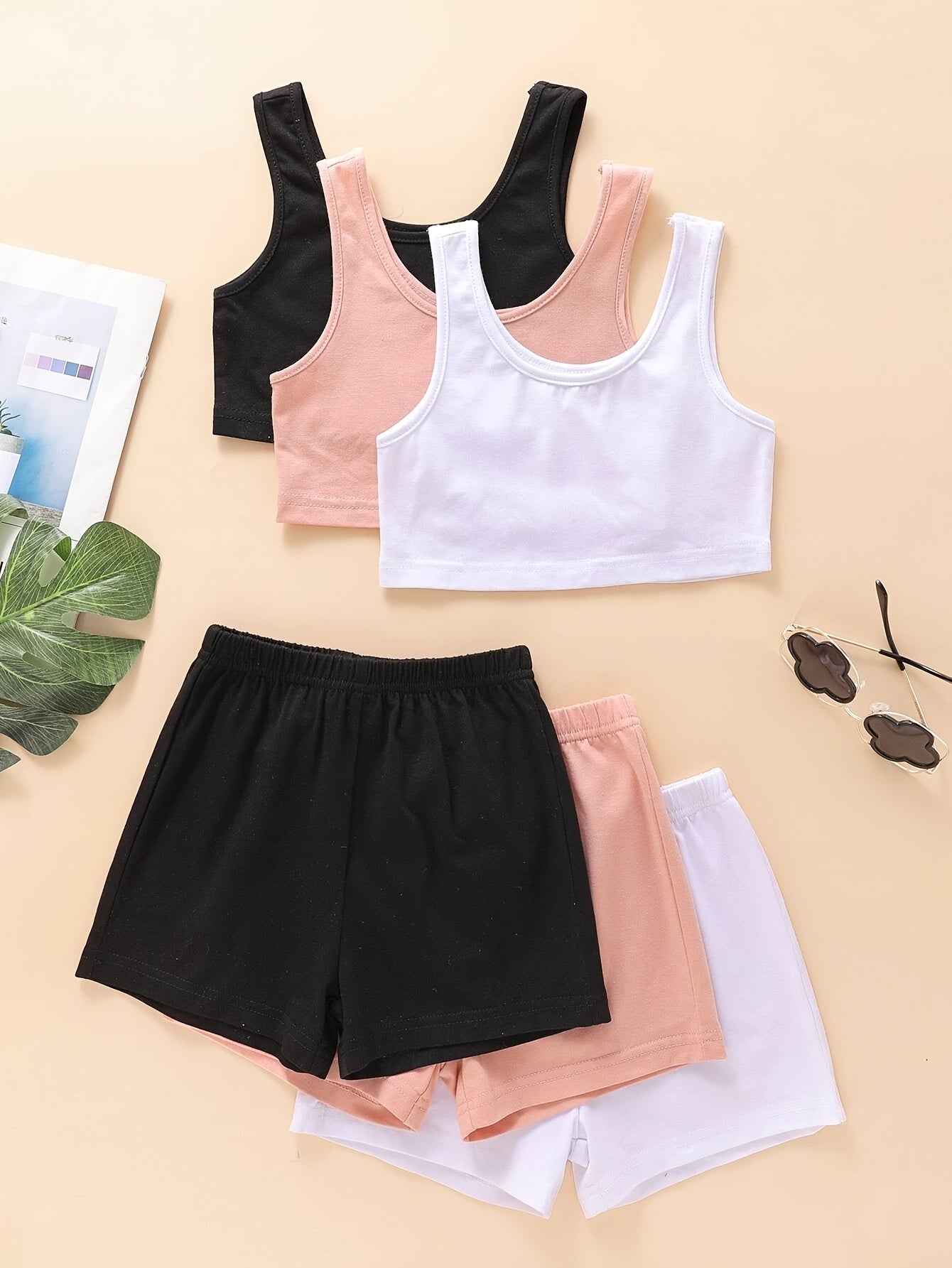 3 Sets Solid Activewear Girls Comfy Sportswear For Outdoor Sports