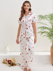 Heart Print Pajama Set Short Sleeve Buttons Top & Elastic Waistband Pants