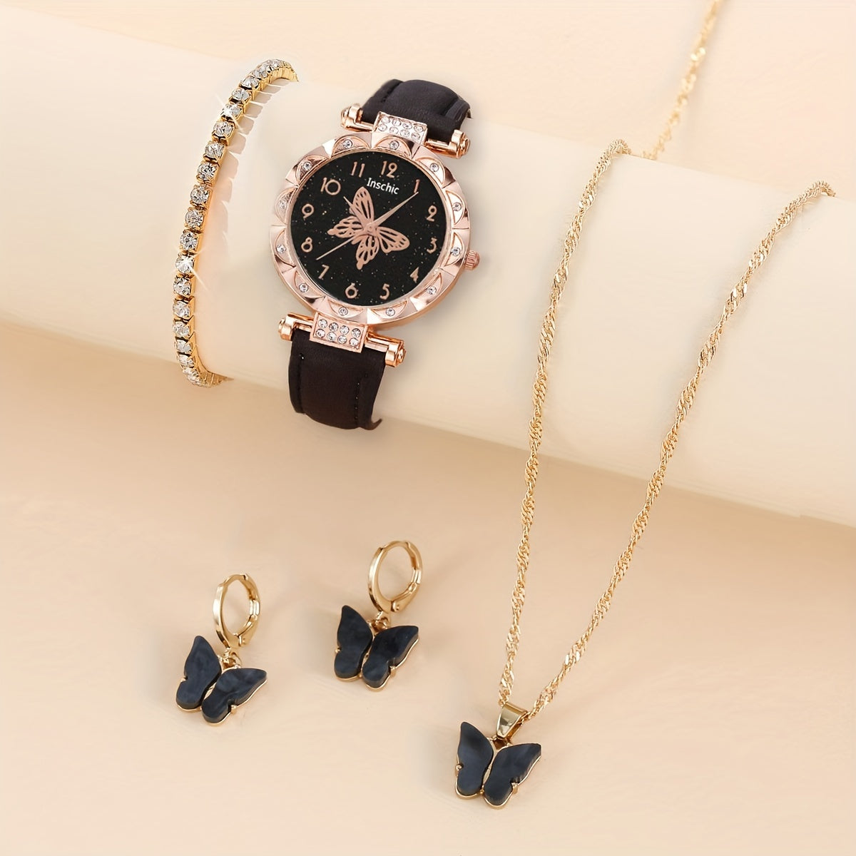 Butterfly Quartz Watch & Rhinestone Jewelry Set