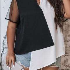 Colorblock Mesh Short Sleeve Blouse