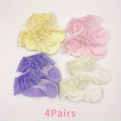 4Pairs Baby Girls Lace Ruffle Ankle Socks for Summer