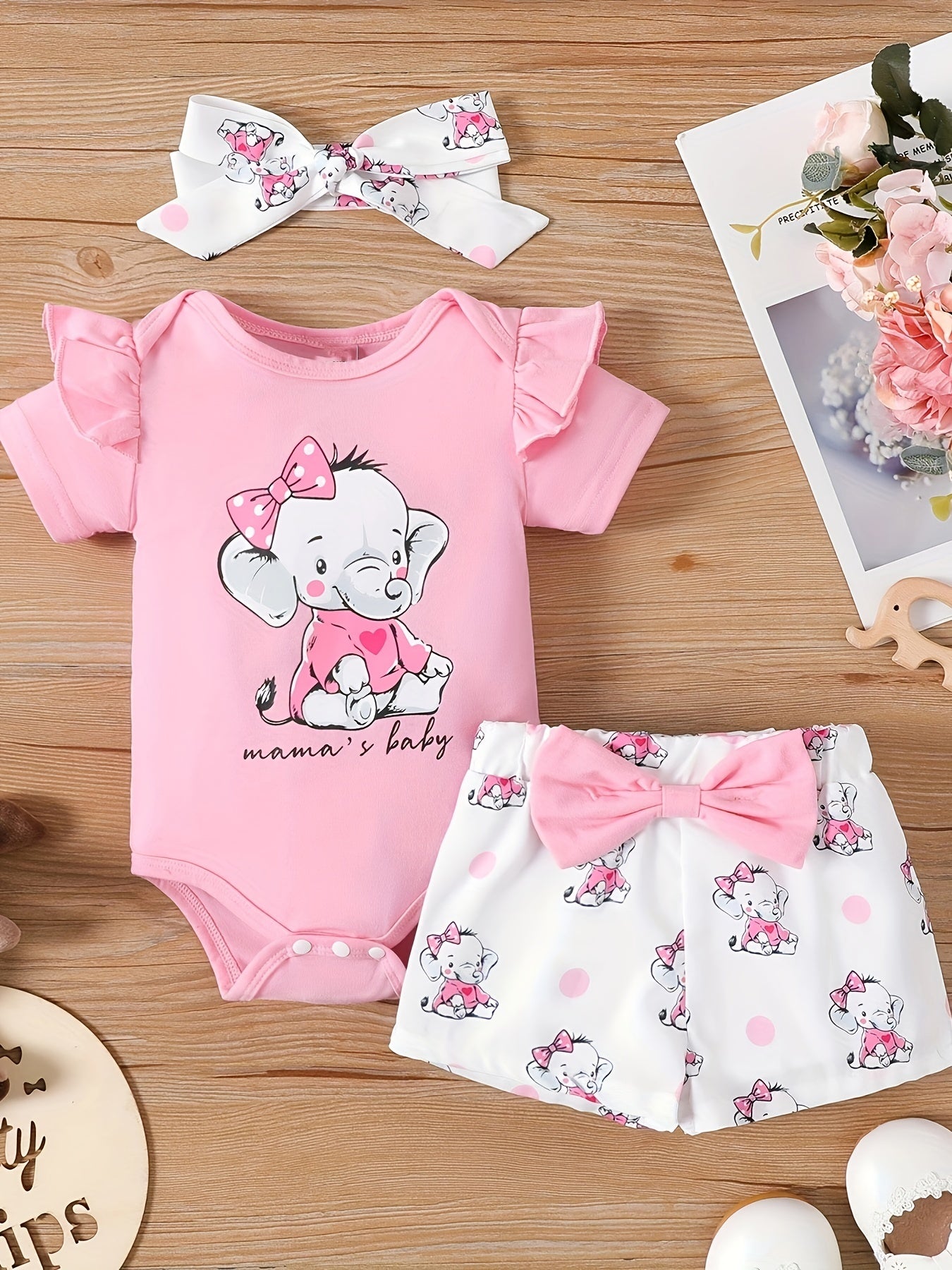 3pcs Baby Girls Elephant Short Sleeve Onesie & Shorts & Headband