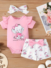 3pcs Baby Girls Elephant Short Sleeve Onesie & Shorts & Headband