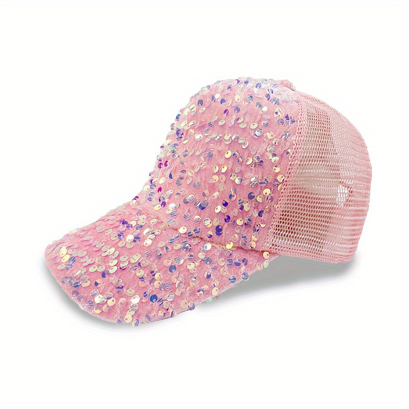 Sequin Decor Baseball Cap Glitter Mesh Trucker Hat