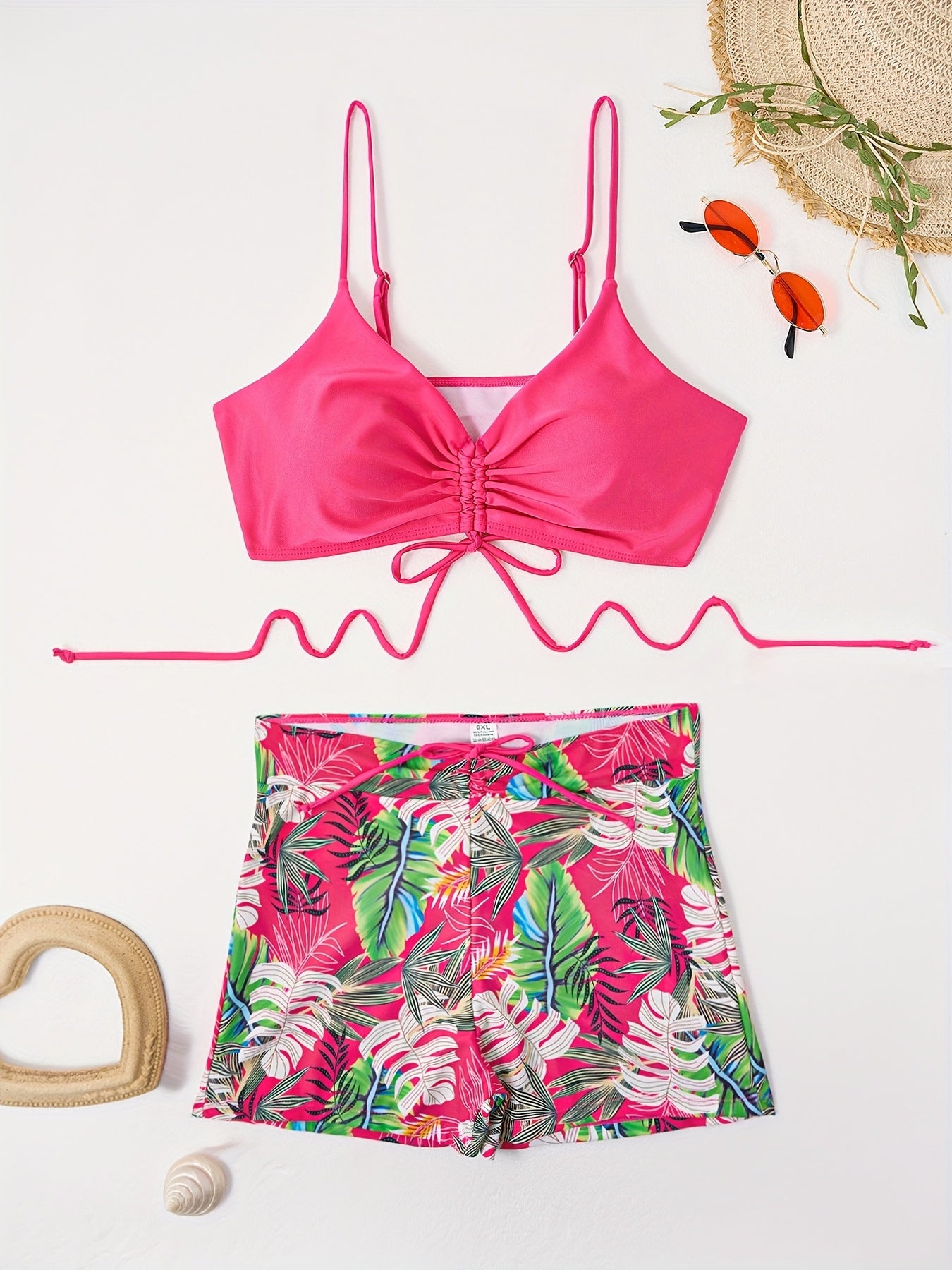 Vacay Bikini Set Solid Lace Bra & Leaf Print Short