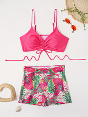 Vacay Bikini Set Solid Lace Bra & Leaf Print Short