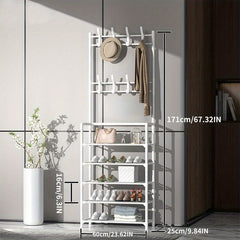 Entrance Coat Rack Foyer Shoe Rack with Storage Shelves and Hooks