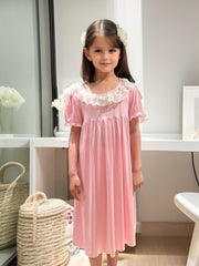 Girls Puff Sleeve Nightdress Lace Round Neck Dress Pajamas
