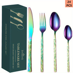 24pcs Stone Grain Stainless Steel Tableware Set, 6 Person, Dishwasher Safe