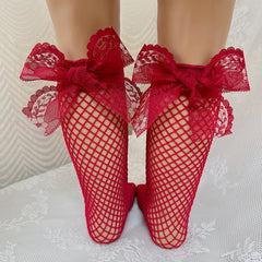 Girls Fishnet Lace Bow Over Calf Socks