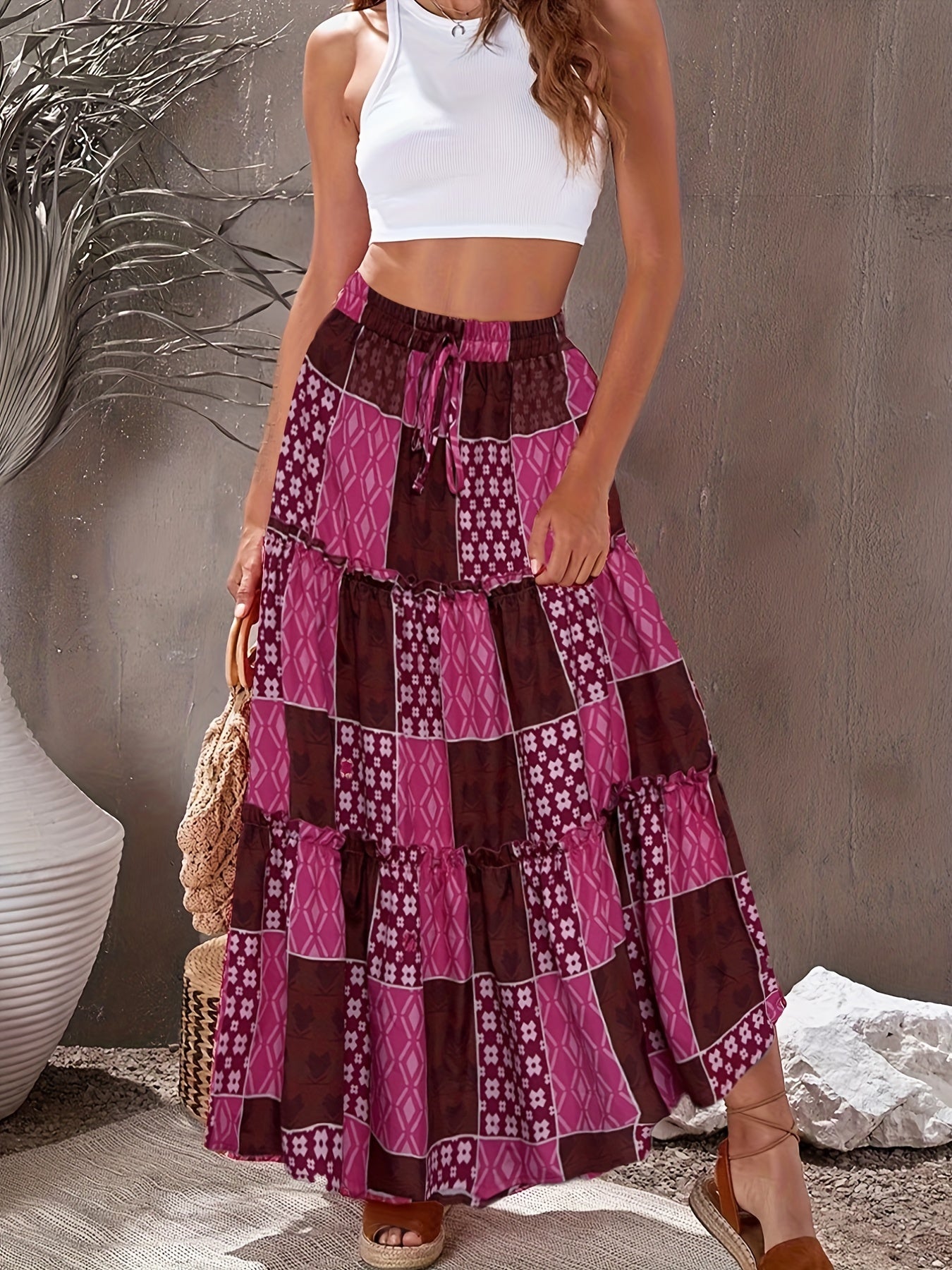 Boho Colorblock Drawstring Skirt for Women