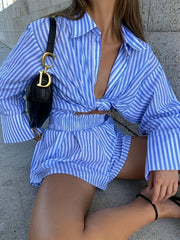 Stripe Print Button Up Shirt Top & Elastic Shorts Set
