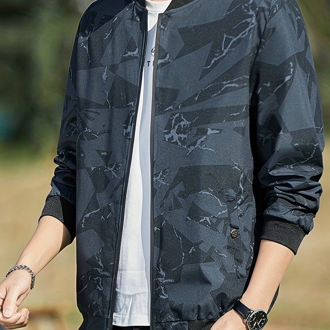 Geometric Print Varsity Jacket Men's Casual Baseball Coat