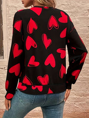 Heart Print Pullover Sweatshirt Crew Neck Long Sleeve for Spring & Fall