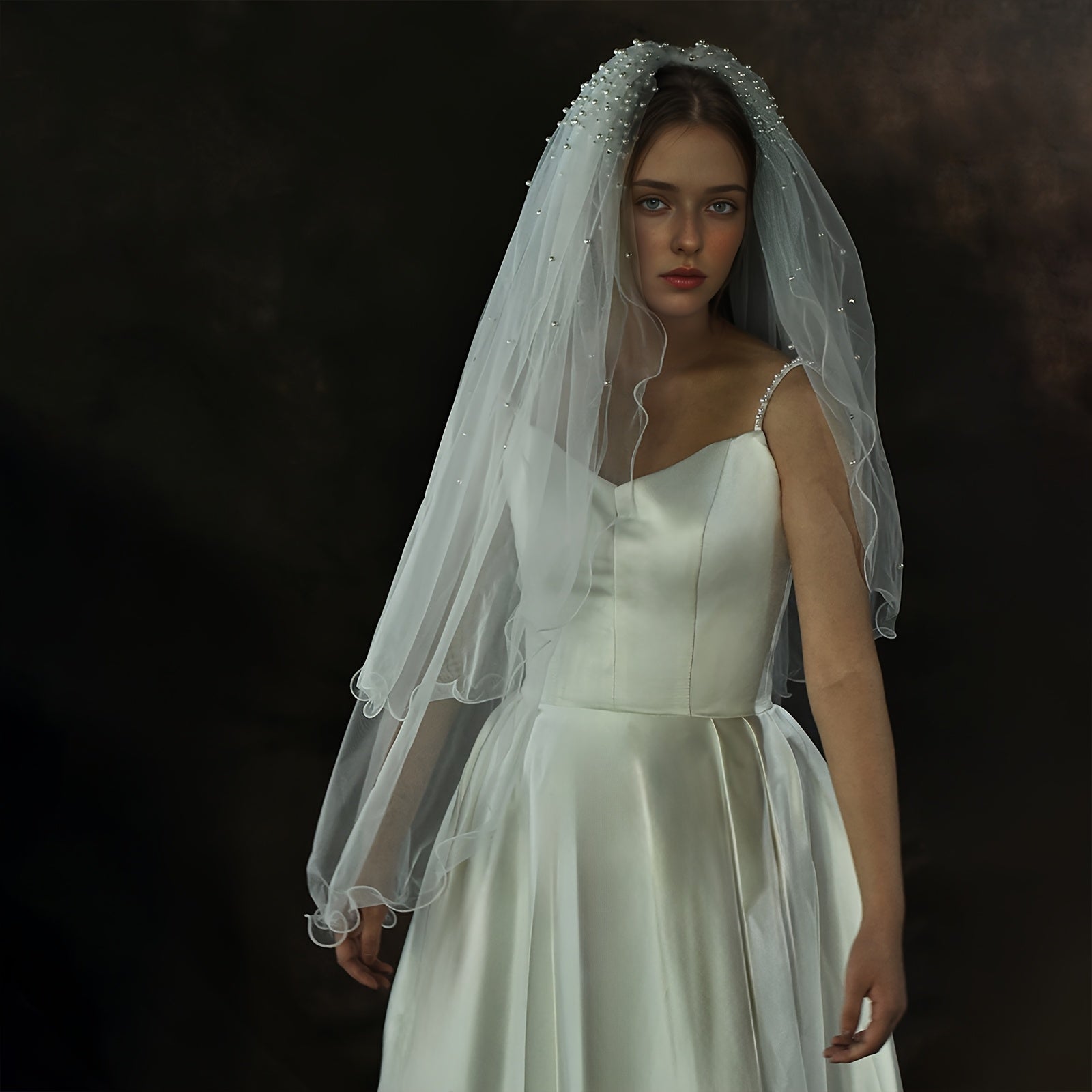 Double Layer Bridal Veil with Faux Pearls & Wavy Edge 1 Meter Long
