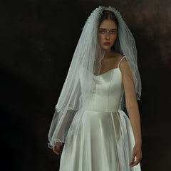 Double Layer Bridal Veil with Faux Pearls & Wavy Edge 1 Meter Long