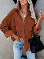 Solid Corduroy Button Up Long Sleeve Collar Shirt