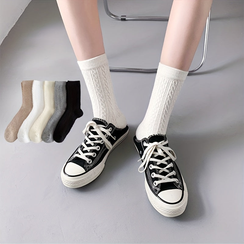 5 Pairs Retro Twist Textured Mid Tube Socks Women's Stockings