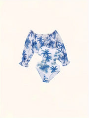 2pcs Girls Coconut Tree Graphic Swimwear Set Bathing Suit
