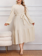 Solid Long Sleeve Midi Dress with Belt