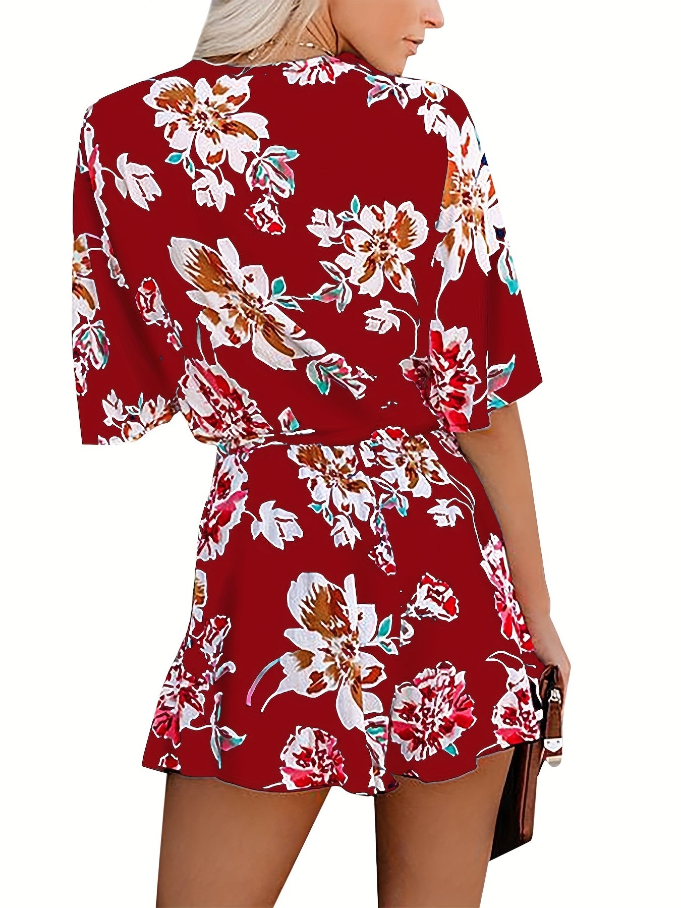 Boho V Neck Half Sleeve Jumpsuit Tie Waist Casual Jumpsuit